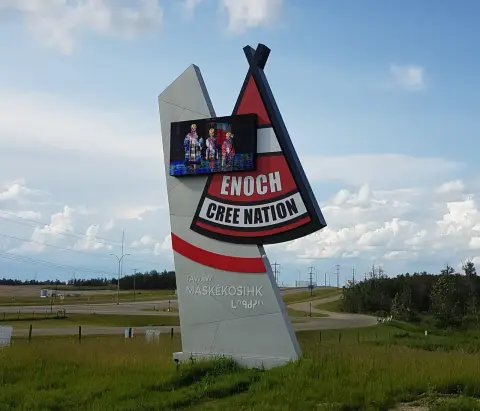 The welcome sign on the road into Enoch, west of Edmonton